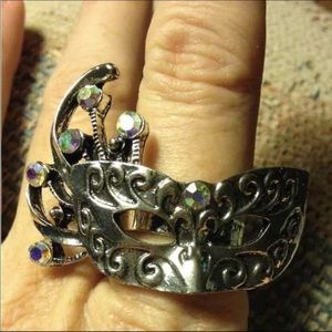 Adjustable Silvertone Mardi Gras Mask Ring